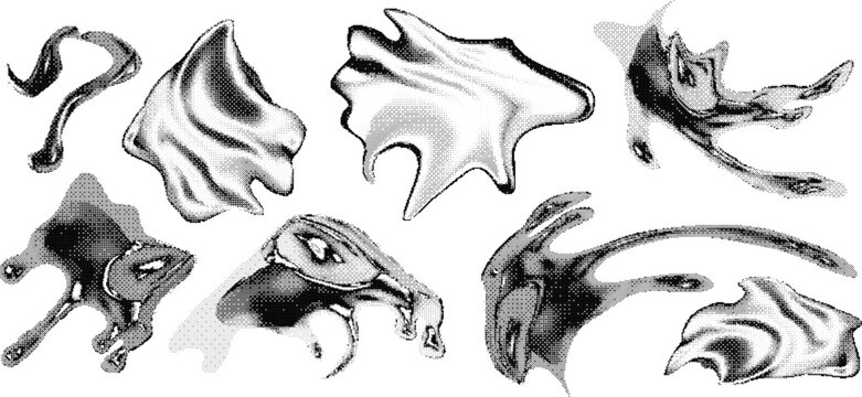 Set of eight vector abstract organic liquid shapes in trendy Y2K aesthetic with halftone grain and stipple shading effect isolated on white background for retro futuristic design