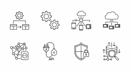 Icons representing various aspects of software development and cybersecurity Vector