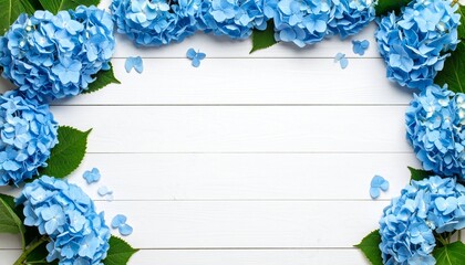 白い板壁と水色のアジサイ