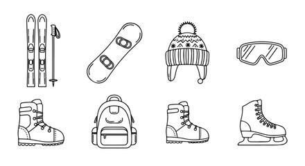 A variety of winter sports equipment including skis, snowboards, and ice skates Vector