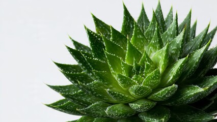 Fototapeta premium Close-up of a vibrant green Aloe Vera succulent plant with textured leaves and white spots, isolated on a plain white background.