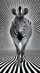 Fototapeta premium Zebra with radiating black and white stripes creating optical illusion effect. Monochrome wildlife art with hypnotic pattern for modern design projects.