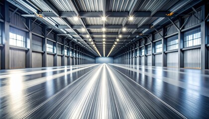 Obraz premium Expansive Modern Warehouse Interior with Brushed Aluminum Surfaces and Dramatic Lighting