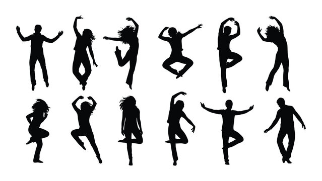 Silhouettes of people dancing in various styles and poses on a white background isolated on white background, Vector