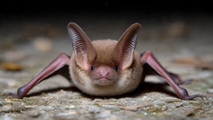 Close-up portrait of a small brown bat with large ears, resting on a textured surface at night.