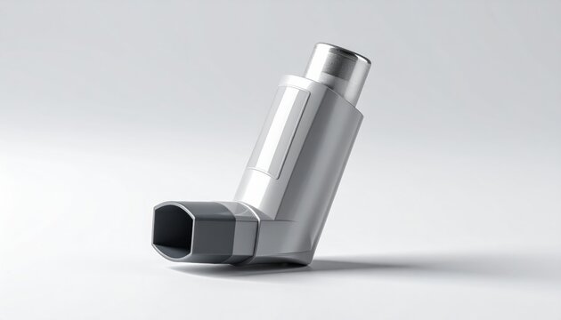 Silver Metal Inhaler Device for Asthma Treatment on a Neutral Studio Background