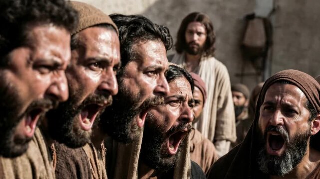 Men in an angry mob shouting at Jesus, a religious depiction of the crowd condemning Christ and his suffering journey