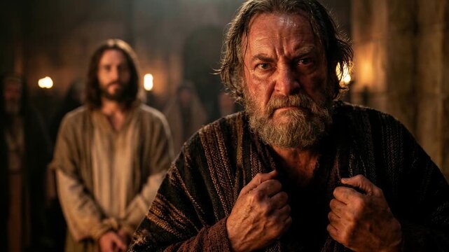 Man tearing robe in judgment of Jesus Christ, religious depiction of biblical accusation and suffering