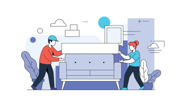 Pair of professional movers carefully carrying a large purple sofa into a new home with stylized blue and white background elements.