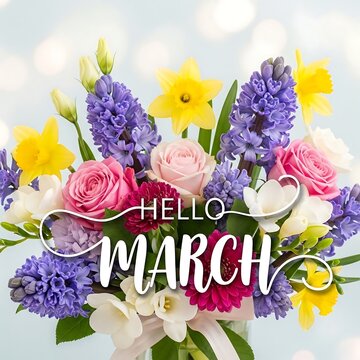 Vibrant spring bouquet with roses and daffodils for March greeting