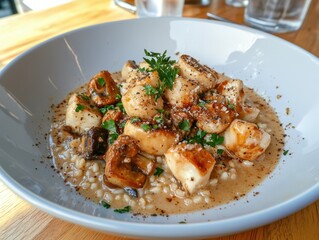 Mushroom risotto served in a white bowl garnished with parsley and cheese, placed on a wooden table with soft lighting and blurred background elements