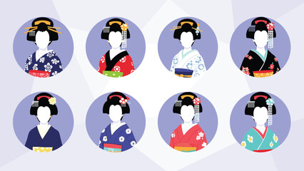 Fototapeta premium Elegant circular icons featuring silhouettes of geishas in colorful traditional Japanese kimonos with intricate floral patterns and hair ornaments.