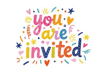 Fototapeta premium Colorful you are invited text with confetti and decorations isolated on white background