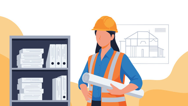 Professional female architect or site engineer wearing a safety helmet and vest while holding blueprints in a modern office.