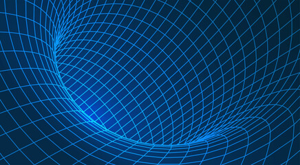 Abstract 3D spacetime grid tunnel representing a black hole singularity in cosmic space with neon blue glowing wireframe mesh lines, science vector illustration. © ludmila_m