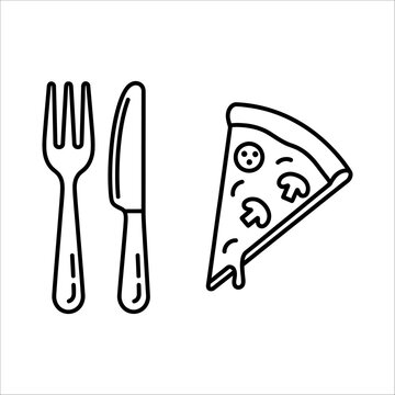 A drawing of a fork, knife and a slice of pizza