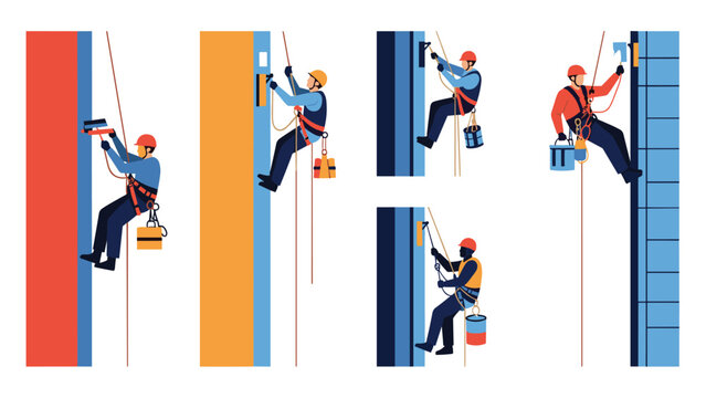 Industrial climbers in safety gear performing maintenance work on various modern skyscraper building facades in the city.