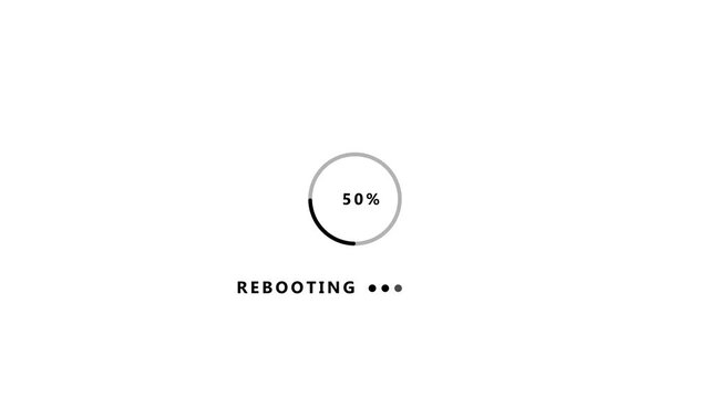 White background with circular progress bar showing 100  percent and text rebooting loading circle
