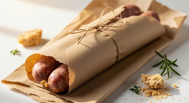 Wrapped sausage with string on craft paper isolated on white background