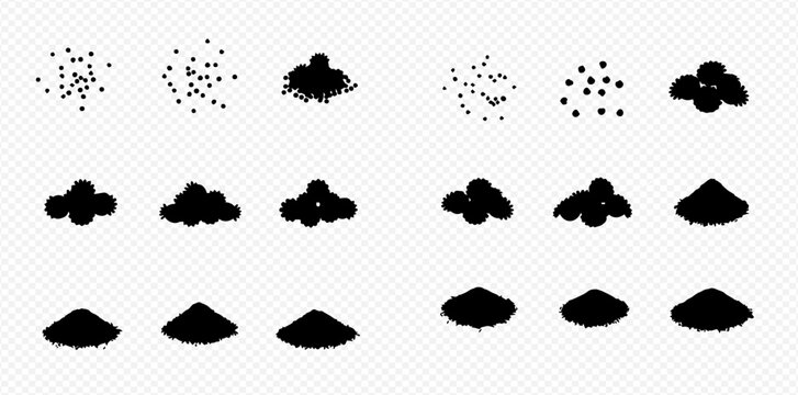Set of black sand piles and dust particles representing various textures and forms.
