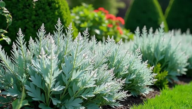 A backyard garden filled with mature dusty miller plants with lush silvery foliage 