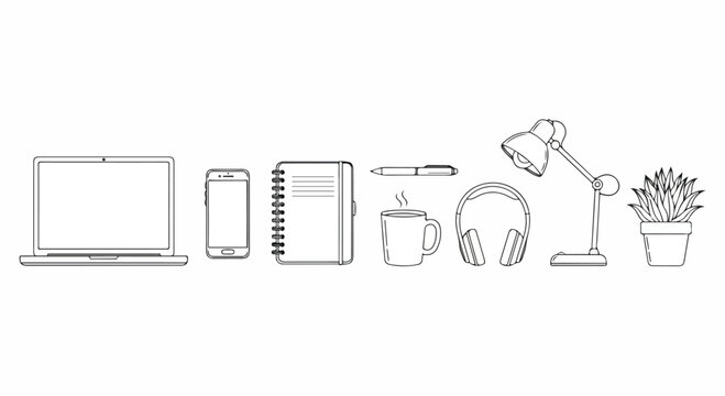 A collection of office items including a laptop, monitor, keyboard, and desk lamp Vector