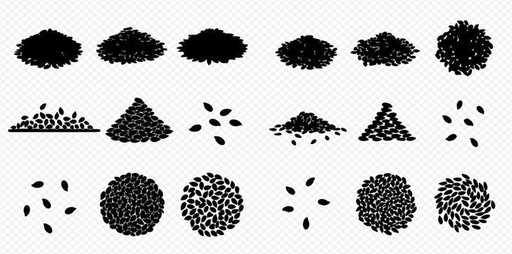 Set of black sesame seeds, flax seeds, and chia seeds piles, heaps, and scattered grains in various shapes.