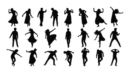 Fototapeta premium Silhouettes of dancers in various poses and styles showcasing diversity in dance isolated on white background, Vector