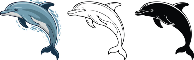Fototapeta premium Dolphin silhouette & Outline and illustration set isolated on transparent background