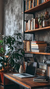 A stylish home office shelf showcasing an organized workspace with books, a laptop, and personal decorative items promoting remote work.