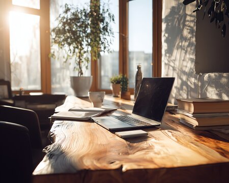 A serene home office featuring a natural wood desk illuminated by sunlight, promoting calm productivity.