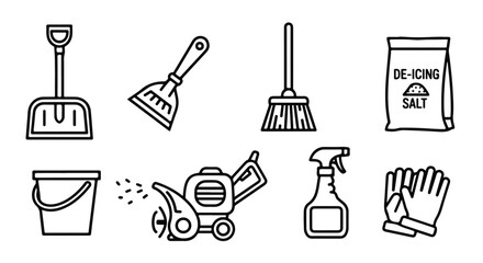 A variety of cleaning tools and supplies arranged in a row. Vector © rohan