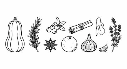 Assorted vegetables and herbs illustrated in a minimalist style Vector © rohan