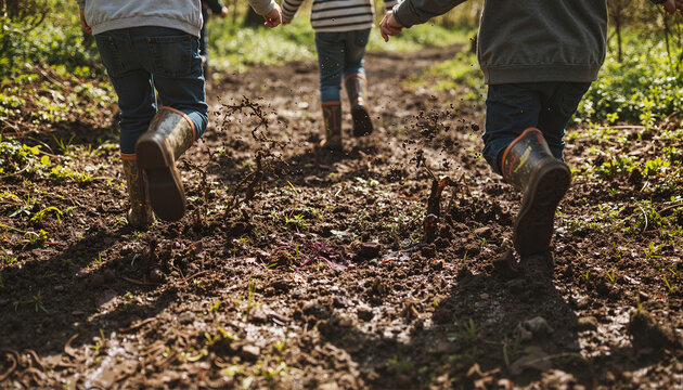 Three energetic young children running through a muddy forest path