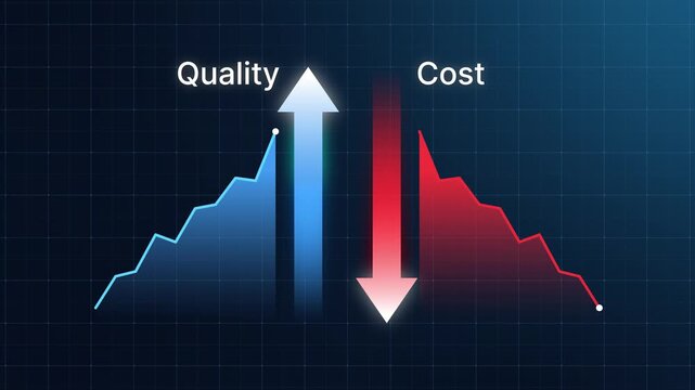 Quality increase and cost reduction concept animation. Up and down arrow with line graph visualize quality, cost, and performance optimization for business strategy and resource efficiency