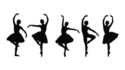 Five silhouettes of ballerinas in various ballet poses against a white background. isolated on white background, Vector © SILHUETTECHEMBER