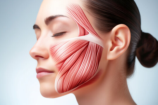 Woman profile with facial muscle anatomy overlay, closed eyes serene expression