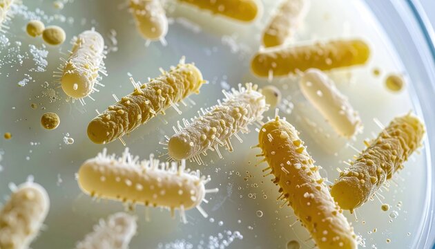 Microscopic Bacillus subtilis bacteria cells magnified to reveal detailed rod-shaped structures with numerous surface appendages