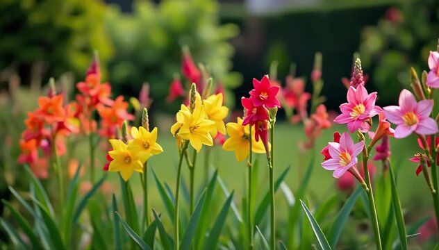 A backyard garden filled with mature freesia plants bearing fragrant colorful blooms 