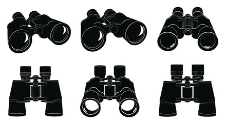 Collection of distinct black silhouette illustrations of binoculars against a white background