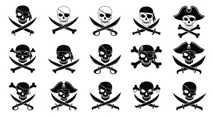 Collection of Distinct Pirate Skull and Crossbones Emblems Vector Illustrations for Design Projects