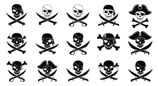 Collection of Distinct Pirate Skull and Crossbones Emblems Vector Illustrations for Design Projects