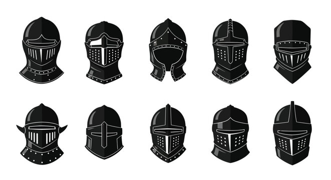 Collection of Diverse Medieval Knight Helmets in a Sleek Black and White Graphic Style