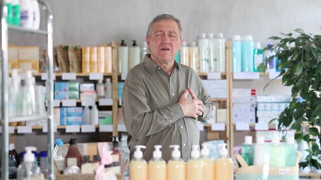 Senior man suffering from heart attack or cardiac issue, holding chest while standing in pharmacy, seeking medication