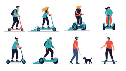 Fototapeta premium Group of people using modern eco friendly transportation like electric scooters, segways, and skateboards for urban commuting.