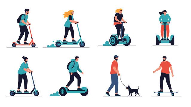 Group of people using modern eco friendly transportation like electric scooters, segways, and skateboards for urban commuting.