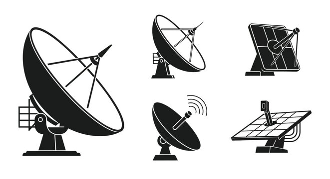 Collection of stylized satellite dishes and solar panel icons for communication and energy concepts