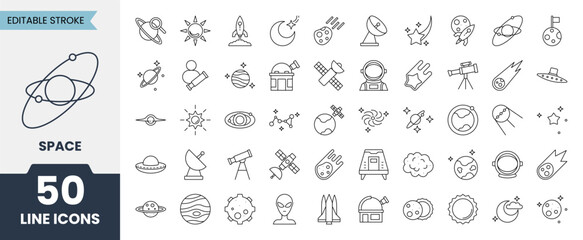 Space line icons set with editable stroke. Containing galaxy, satellite, UFO, solar system, science, universe and more. Vector illustration © MochamadIman