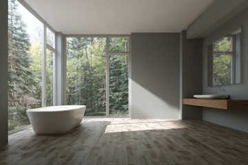 Fototapeta premium Modern bathroom interior features a freestanding tub next to expansive windows overlooking a dense forest
