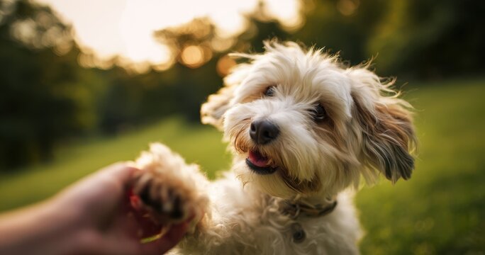 The dog shaking paw with person in golden hour park setting